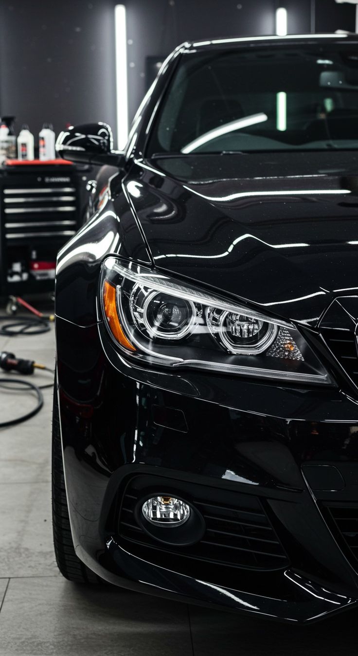 Luxury black car with deep gloss finish under studio lights