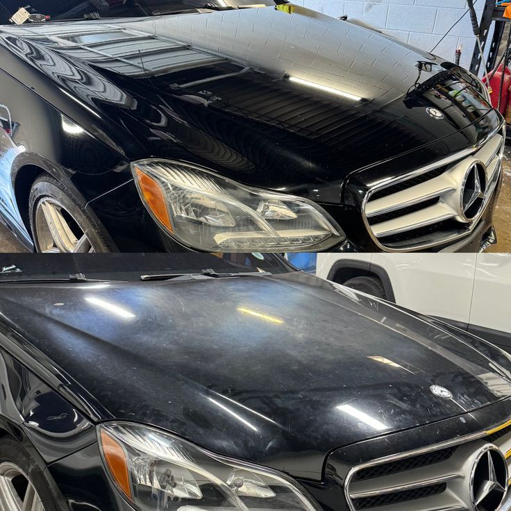 Black Mercedes hood before and after paint correction